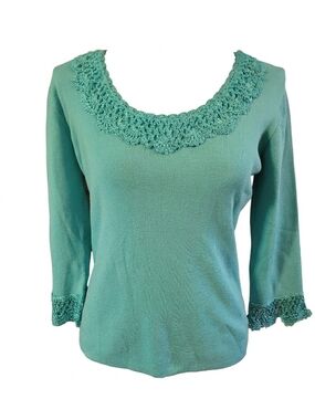 Joseph A Teal Scoop Neck Sweater with Crochet Trim